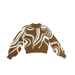 EE:SOME Beige & White Funky Swirl Ballon Sleeve Mock Neck Knit Sweater SZ Medium